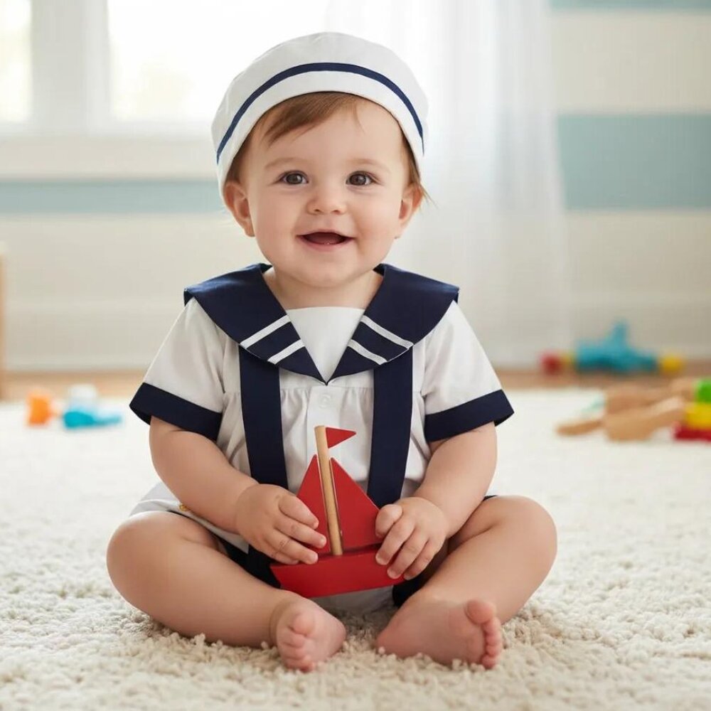 2 Piece Sailor-Style Nautical Romper and Matching Hat 6 Months.